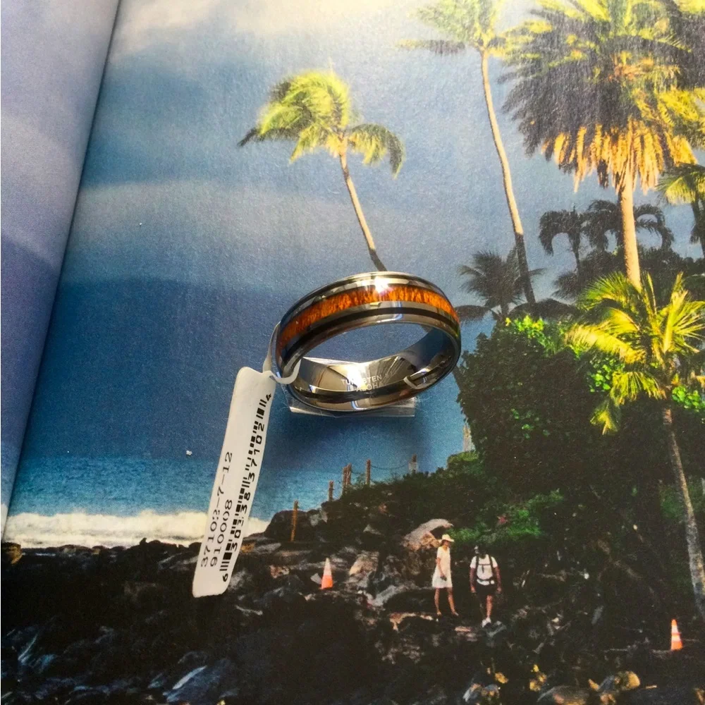 HAWAIIAN Tungsten ring,Koa wood and Black Enamel band,Unisex.Comfort-fit ring.